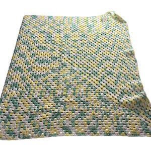 Handmade Crochet Baby Blanket Mint Green Yellow White Granny Square Afghan 32x36